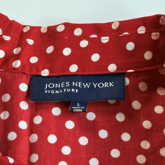 Jones New York Oxford Top Women L 12 14 Red White Polka Dot Peplum Long Sleeve - Picture 2 of 8